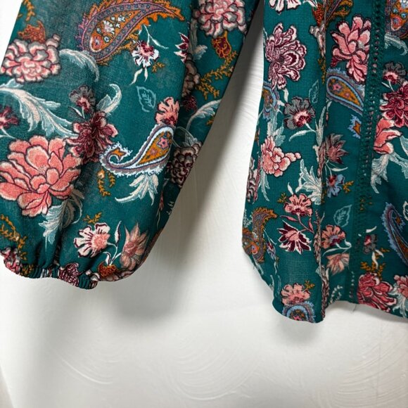 New Blouse Floral Green Xhilaration Peasant Style Boho Colorful Sheer Womens XS - Picture 4 of 7